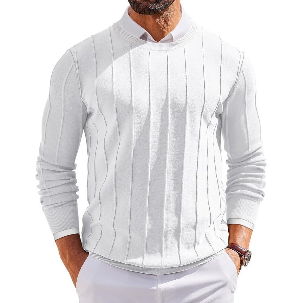 Men’s Crew Neck Sweater Long Sleeve Ribbed Knit Slim Fit Pullover White Dress